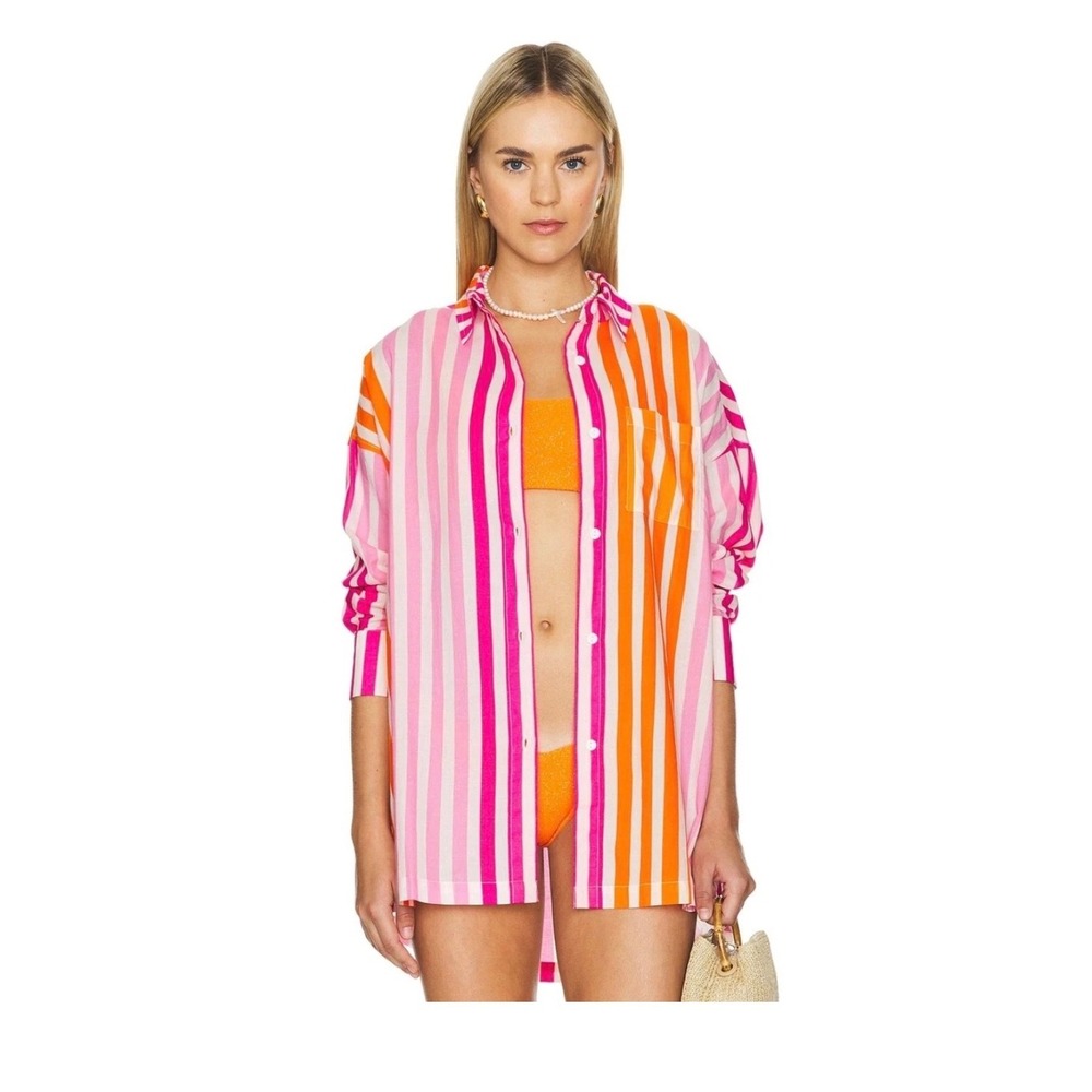 Beach Riot Womens Striped Button Down Cover Up Shirt Pink Orange Cotton S/M